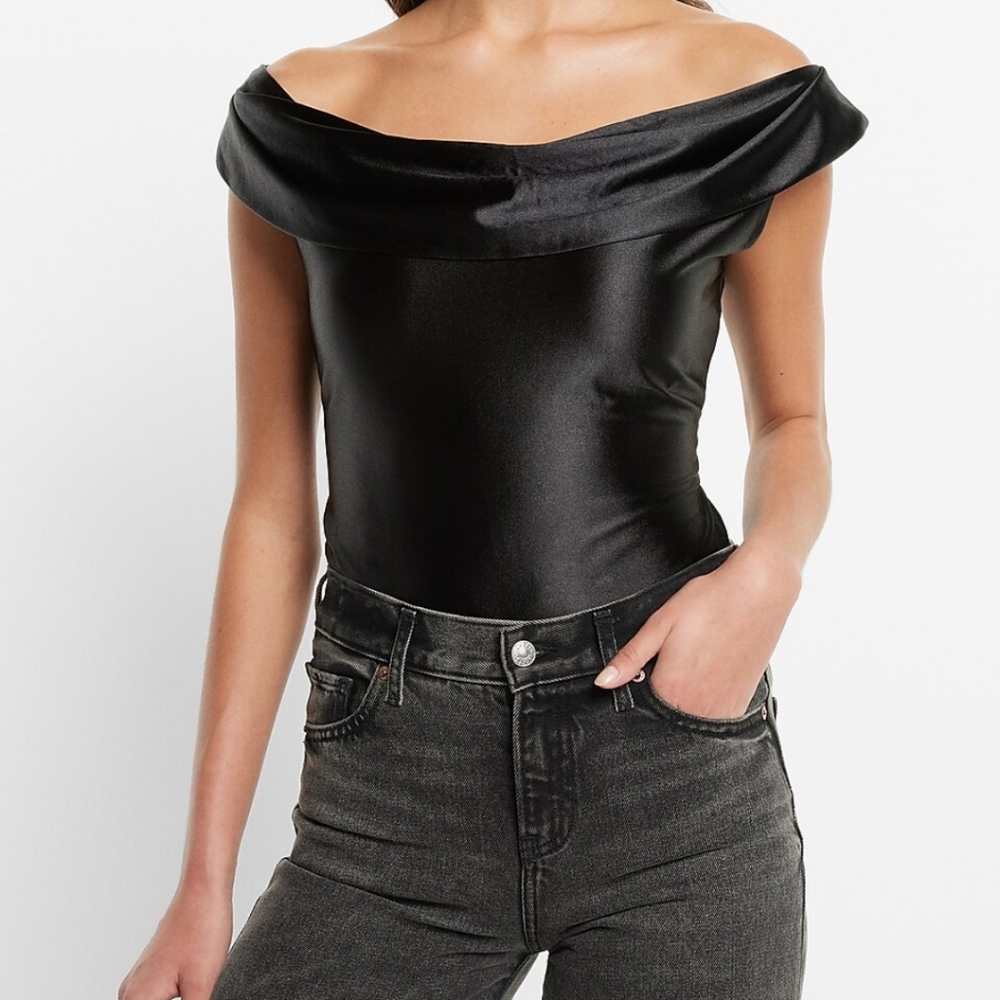 Express Satin Off The Shoulder Draped Thong Bodysuit